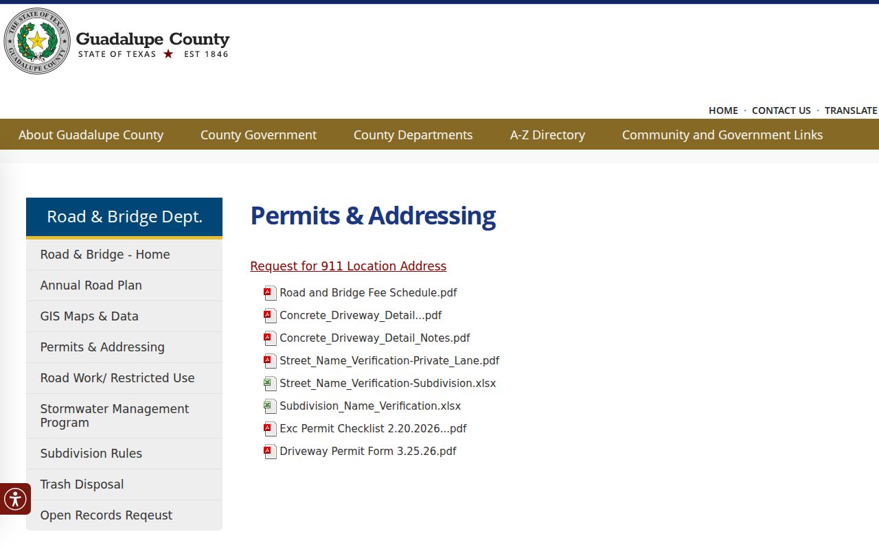 Guadalupe County ZIP code directory Road and Bridge addressing forms
