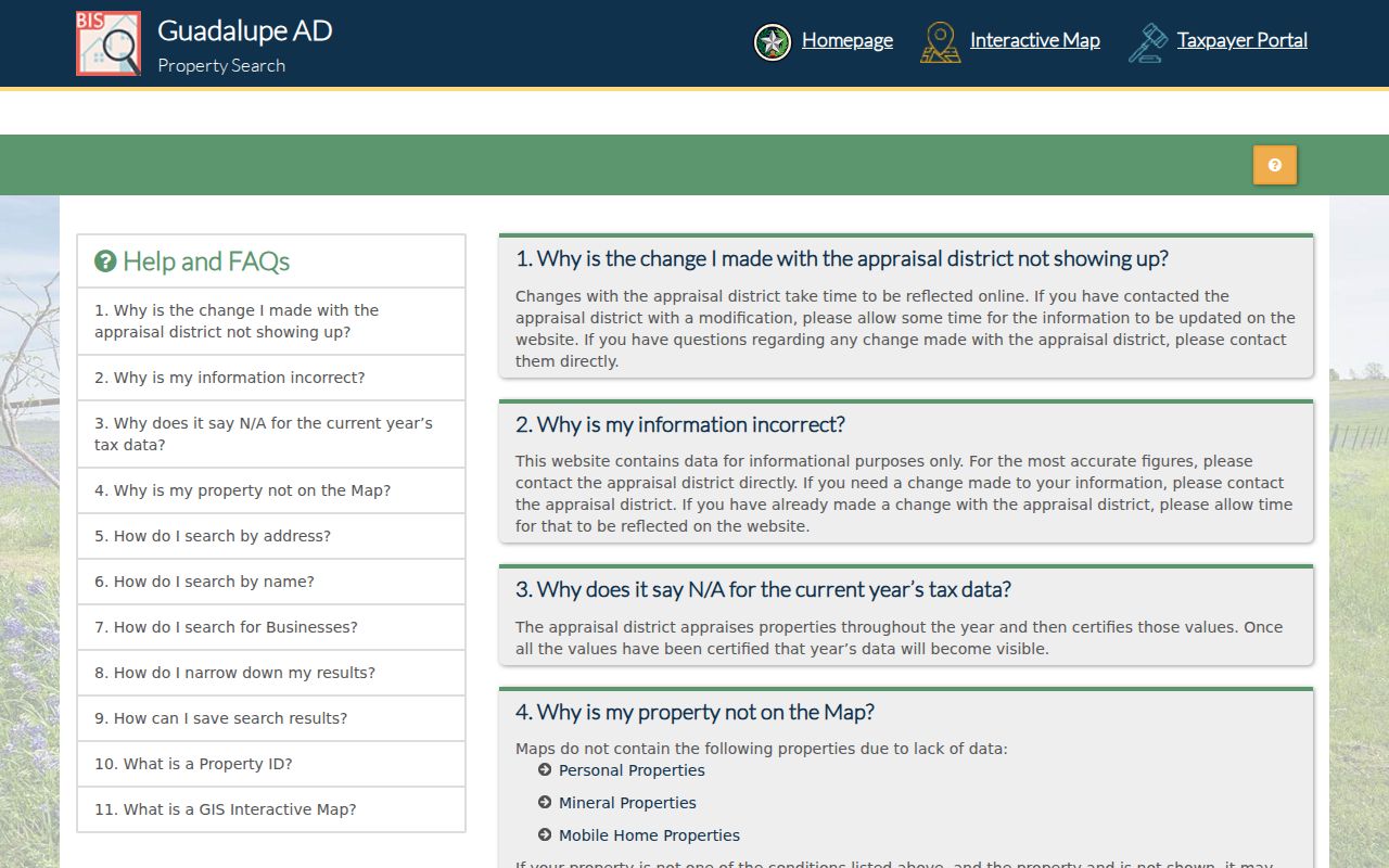 Guadalupe County street directory view of official Guadalupe AD address search help