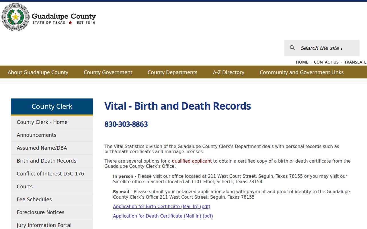 Guadalupe County residents directory vital records application page